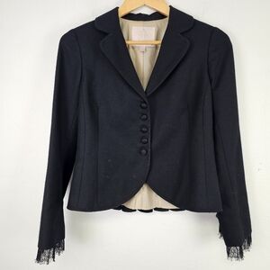 Rebecca Taylor Black Blazer Wool Blend Lace Ribbon Cuffs Covered Buttons Sz 4